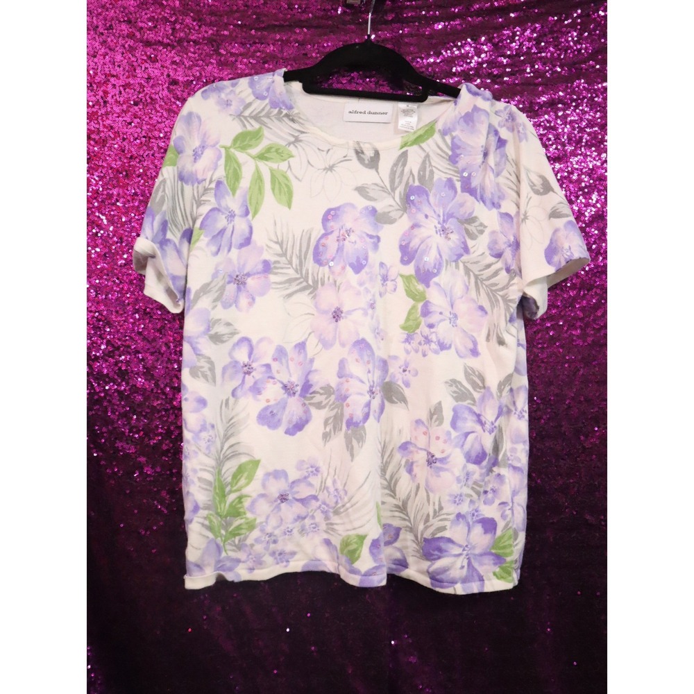 Purple Floral Top Medium Alfred Dunner Womens Sequin Knit Short Sleeve